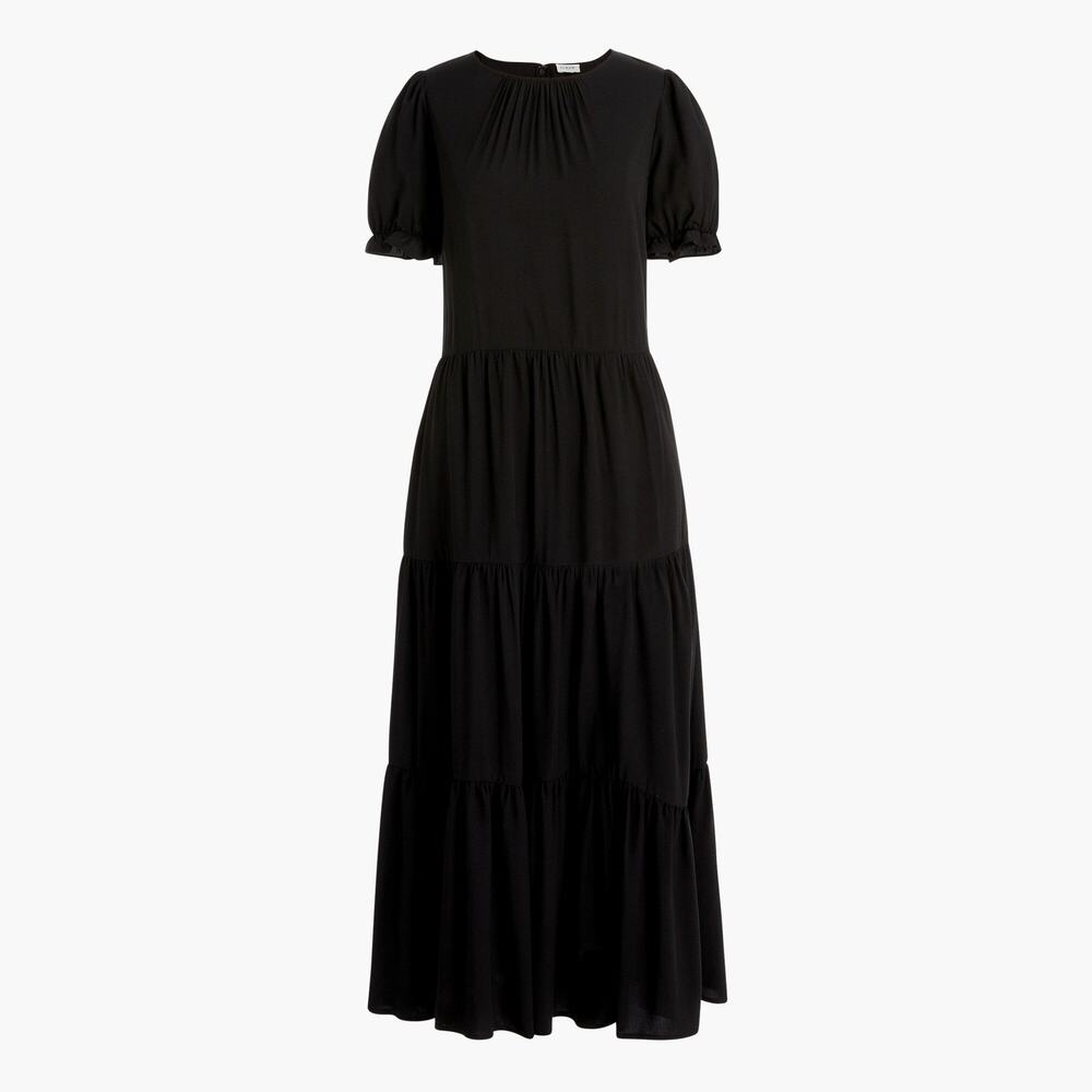 J.Crew FACTORY Puff-Sleeve Tiered Midi Dress Black - M